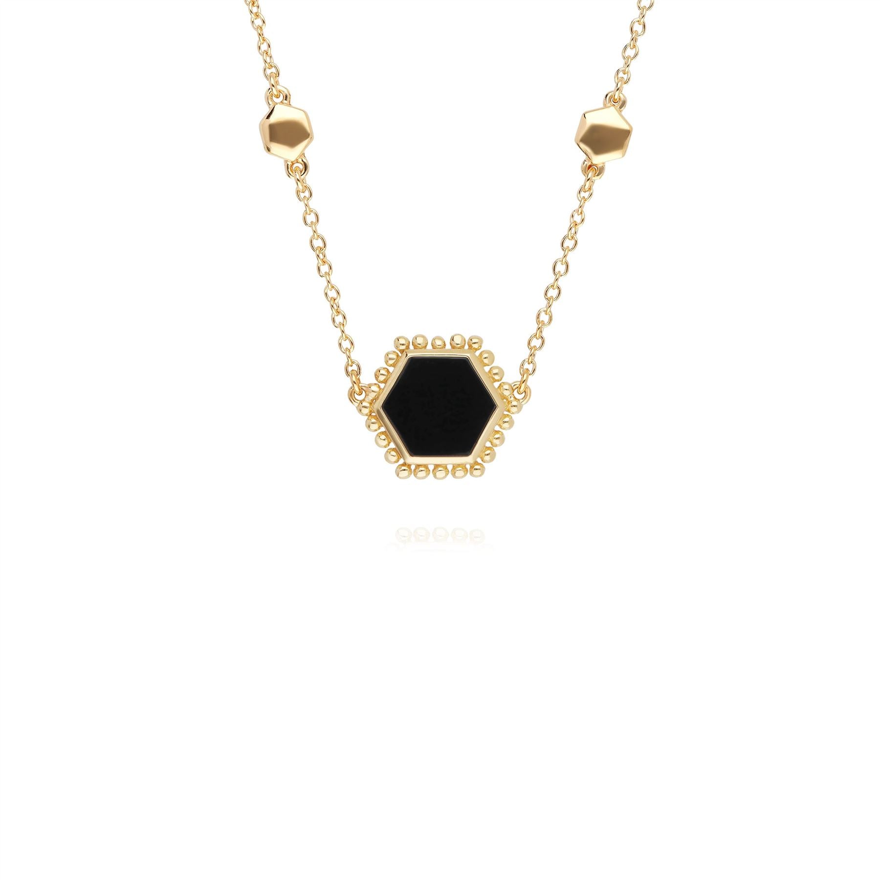 Black Onyx Flat Slice Hex Necklace in Gold Plated Sterling Silver