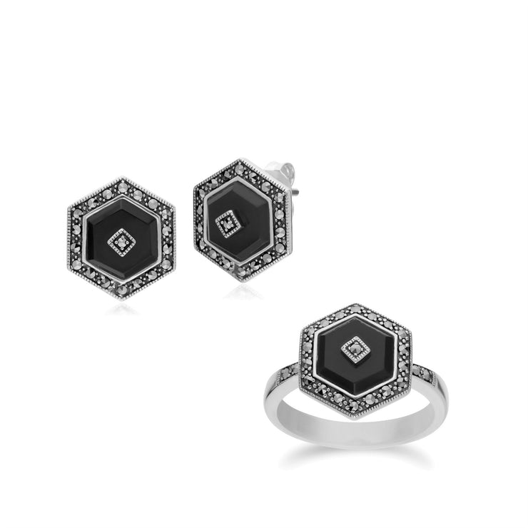 Anello e orecchini a lobo esagonale in stile Art Déco in argento 925 con onice nero e marcasite