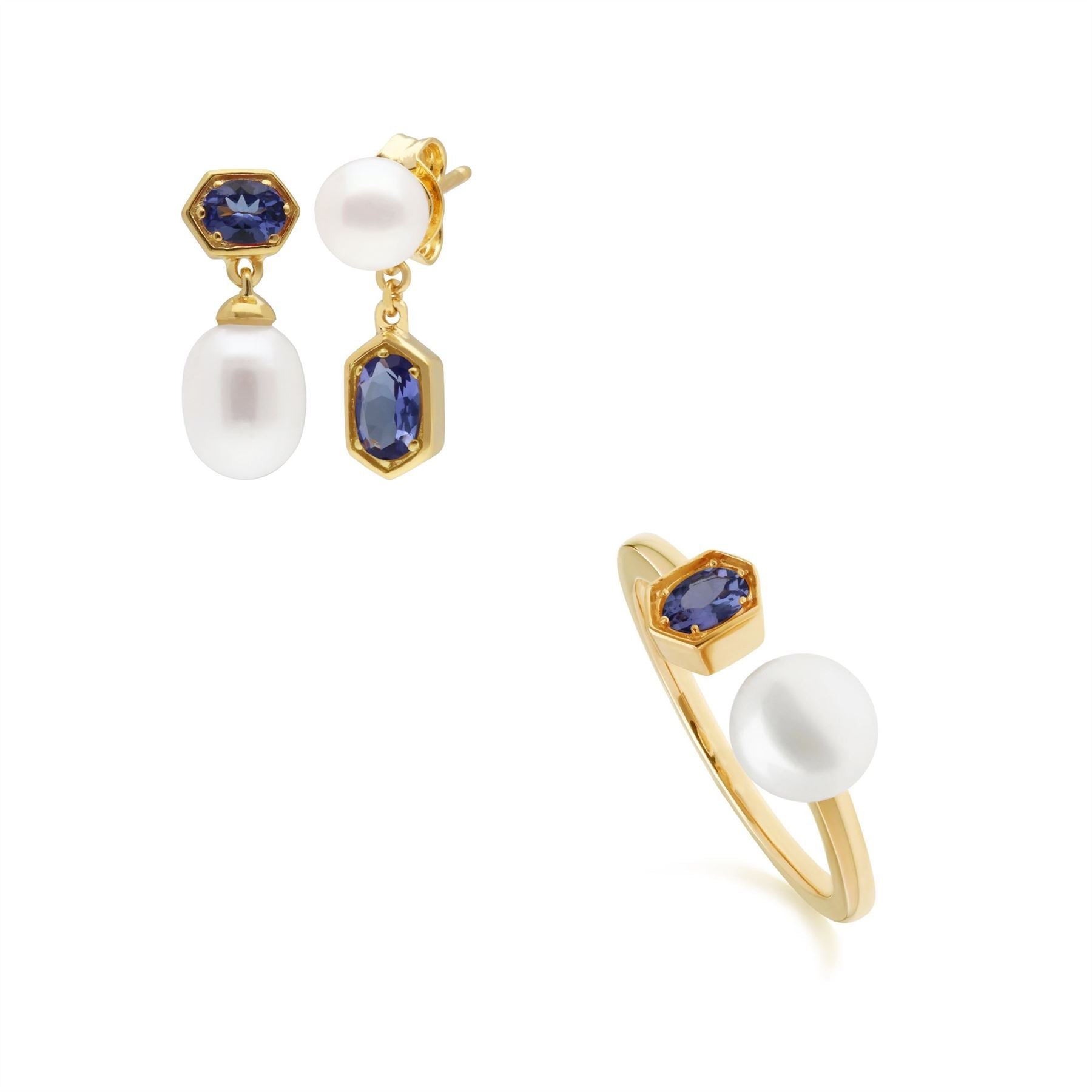 Modern Pearl & Tanzanite Earring & Ring Set in Gold Plated Sterling Silver