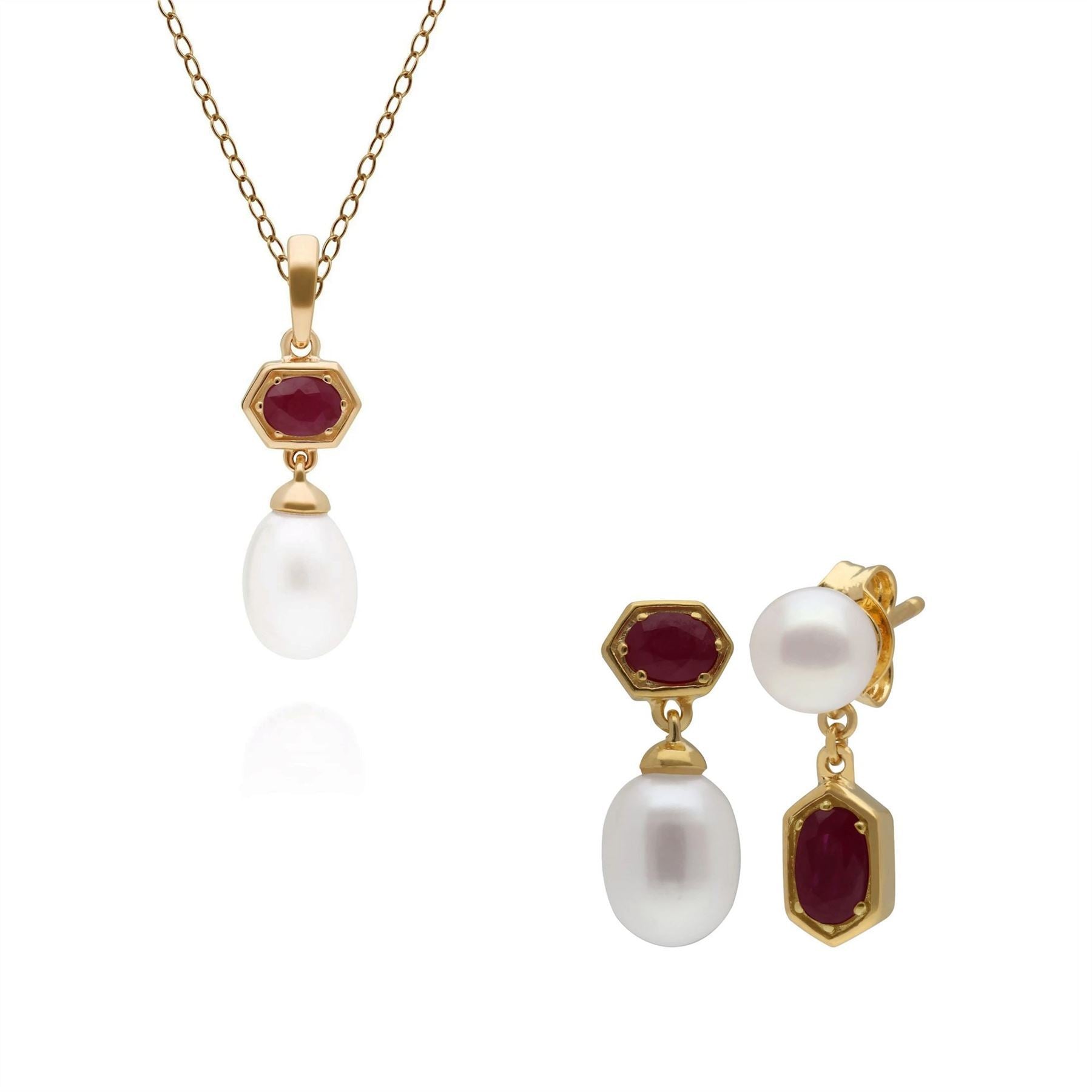 Modern Pearl & Ruby Earring & Pendant Set in Gold Plated Sterling Silver