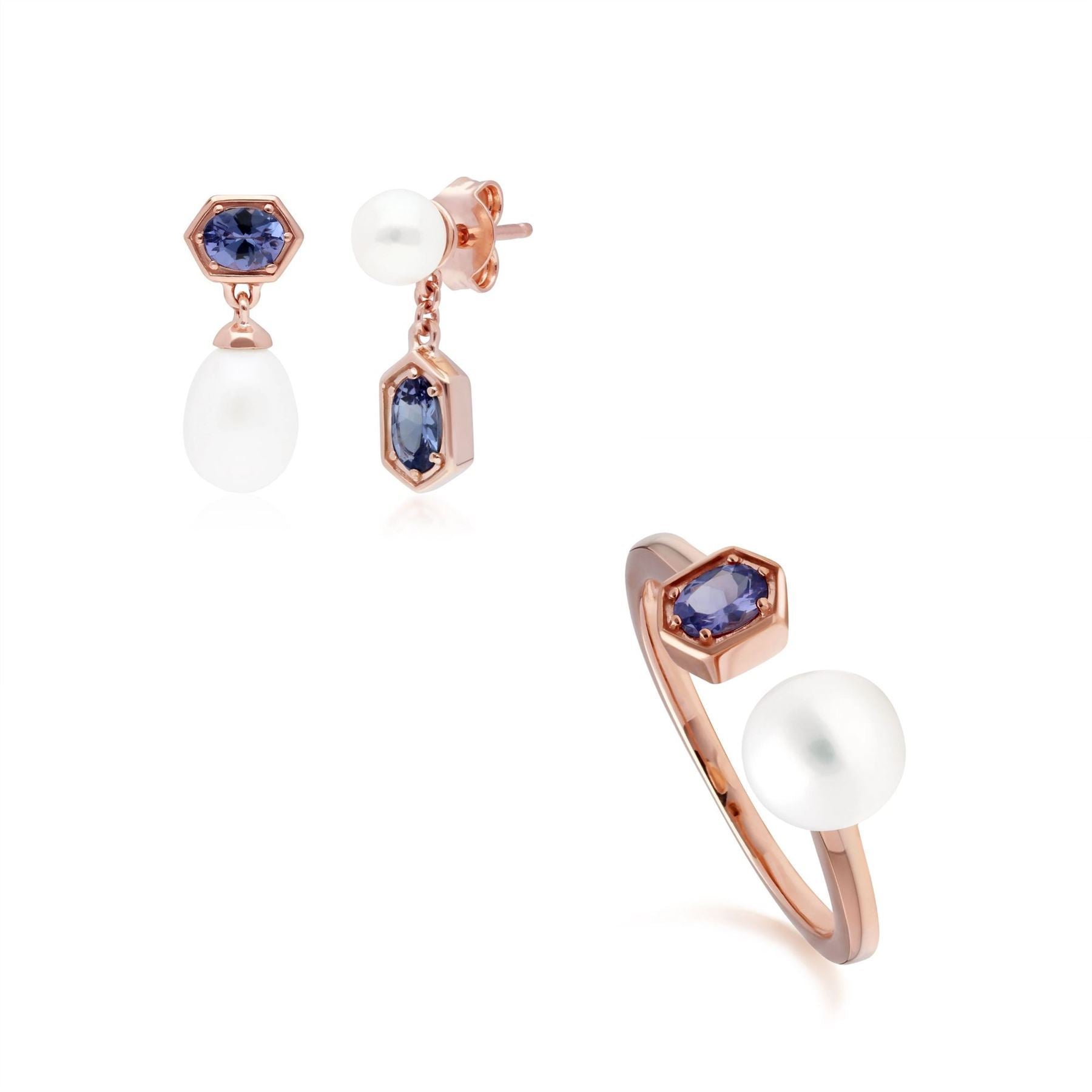 Modern Pearl & Tanzanite Earring & Ring Set in Rose Gold Plated Sterling Silver