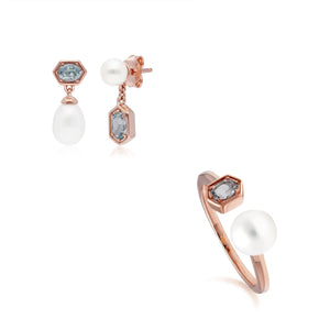 Modern Pearl & Aquamarine Earring & Ring Set in Rose Gold Plated Sterling Silver