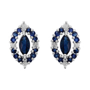Ciondolo e orecchini classici a bottone quadrato in argento 925 con zaffiro marquise e grappolo di diamanti
