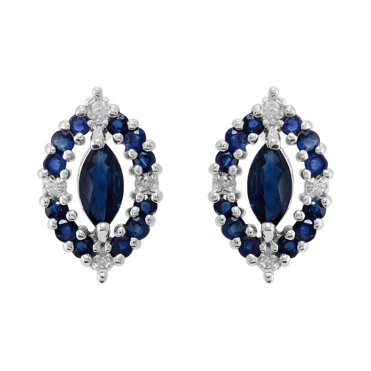 Ciondolo e orecchini classici a bottone quadrato in argento 925 con zaffiro marquise e grappolo di diamanti