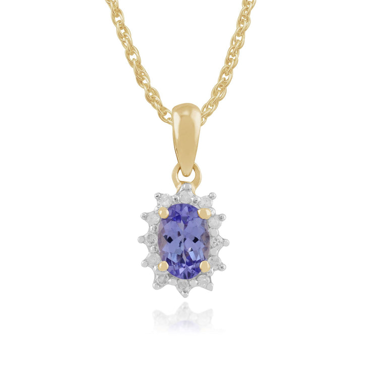 Classico pendente in oro giallo 375 con tanzanite e diamanti e orecchini a grappolo in stile classico