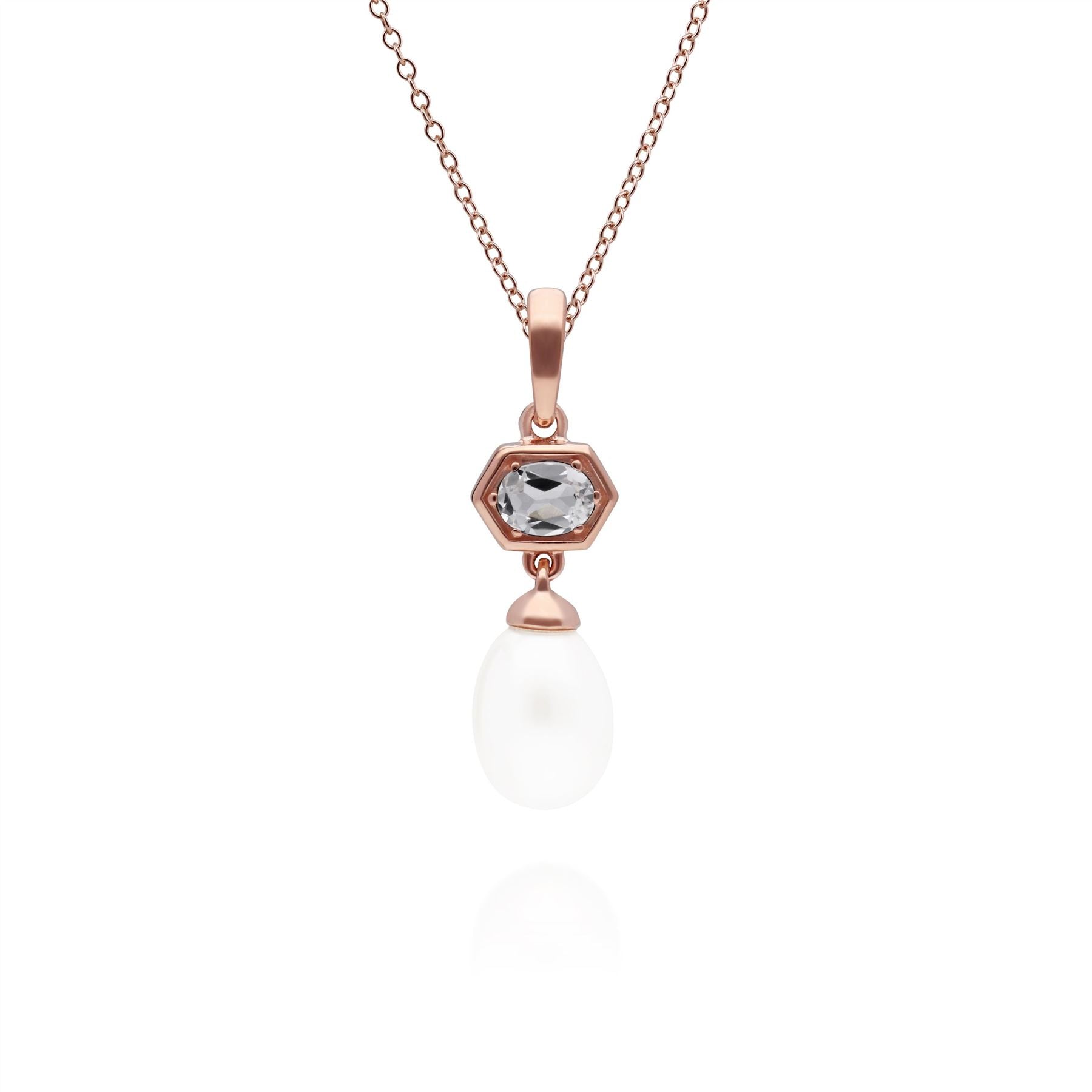 Modern Pearl & White Topaz Hexagon Drop Pendant in Rose Gold Plated Sterling Silver
