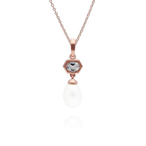 Modern Pearl & White Topaz Hexagon Drop Pendant in Rose Gold Plated Sterling Silver