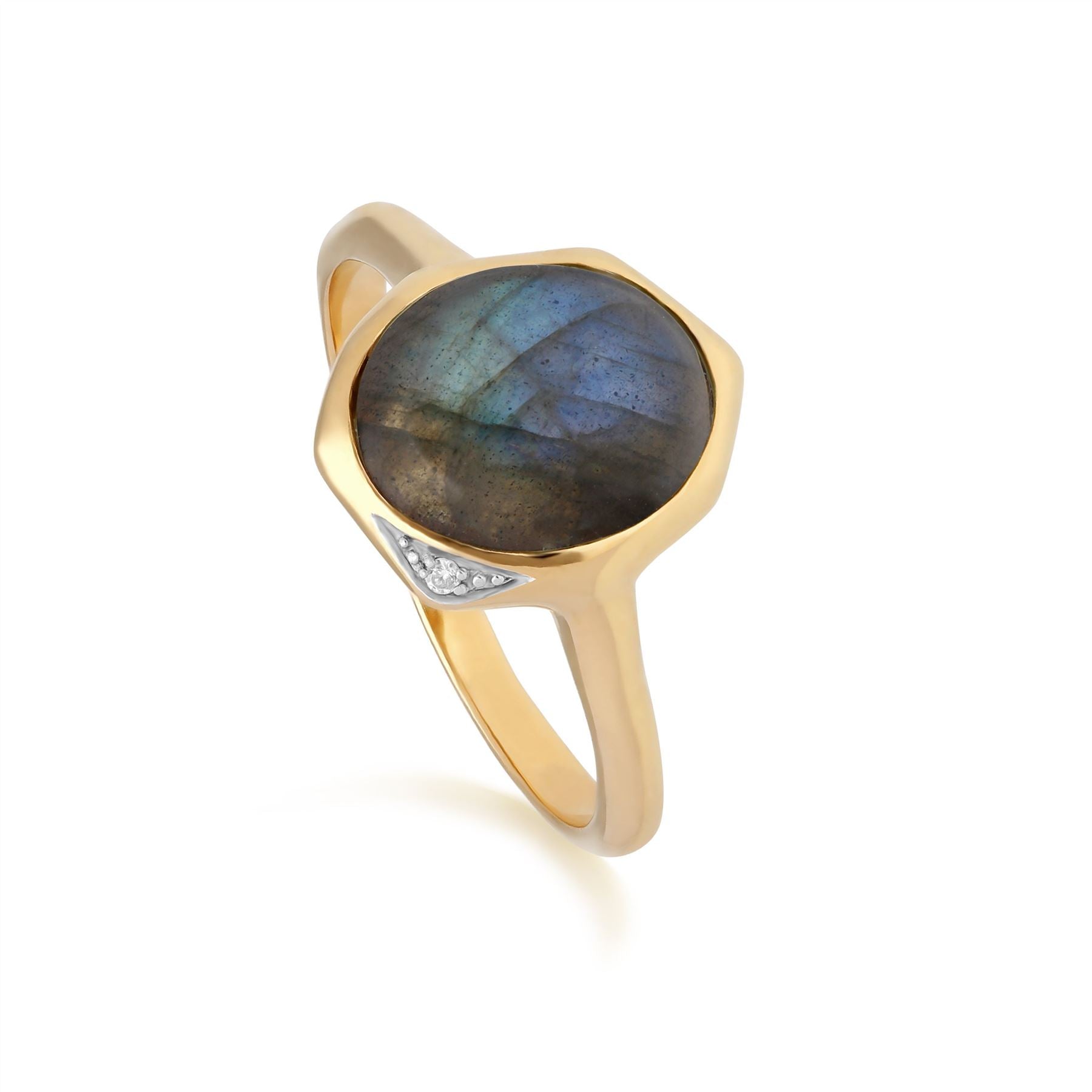 Irregular B Gem Labradorite & Diamond Ring in Gold Plated 925 Sterling Silver