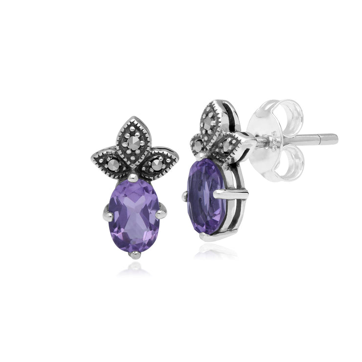 Classici orecchini ovali in argento 925 con ametista e marcasite