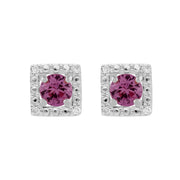 Orecchini a bottone classici con zaffiro rosa in oro bianco 375 e rivestimento auricolare quadrato con diamanti