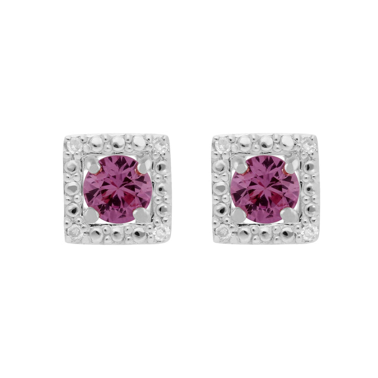 Orecchini a bottone classici con zaffiro rosa in oro bianco 375 e rivestimento auricolare quadrato con diamanti