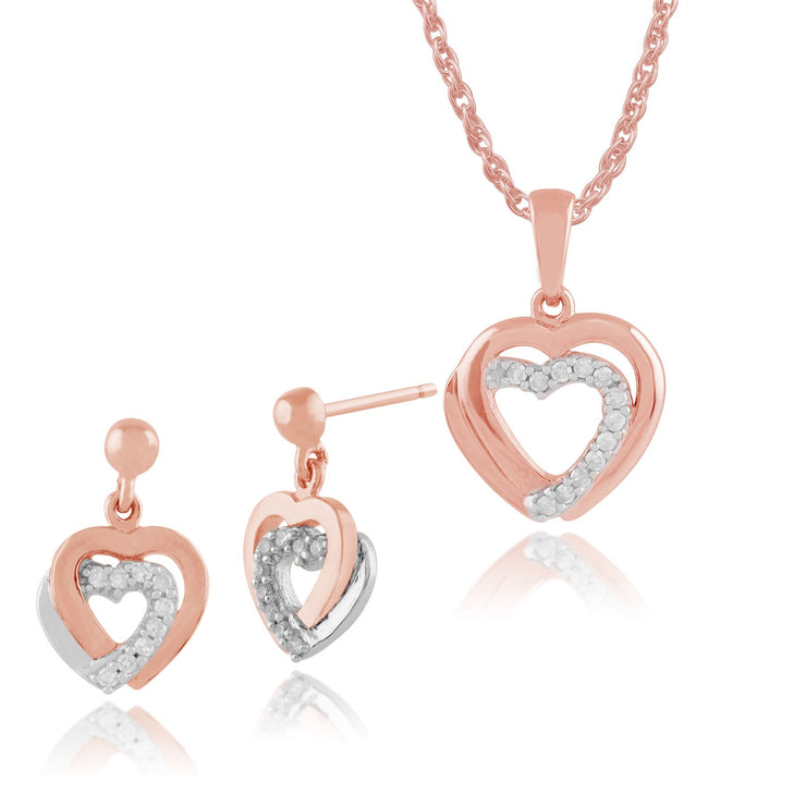 Ciondolo classico a doppio cuore e orecchini pendenti in oro rosa 375 con diamante rotondo