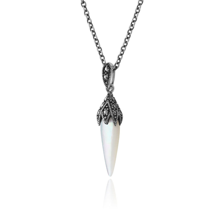 Collana e orecchini con pendente in stile Art Déco Argento 925 Cabochon in madreperla e marcasite