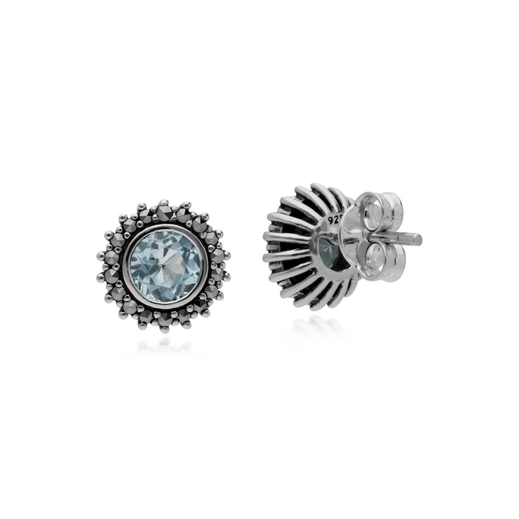 Orecchini con topazio blu di novembre in argento sterling e marcasite Art Nouveau 