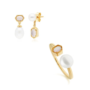 Modern Pearl & Moonstone Earring & Ring Set in Gold Plated Sterling Silver