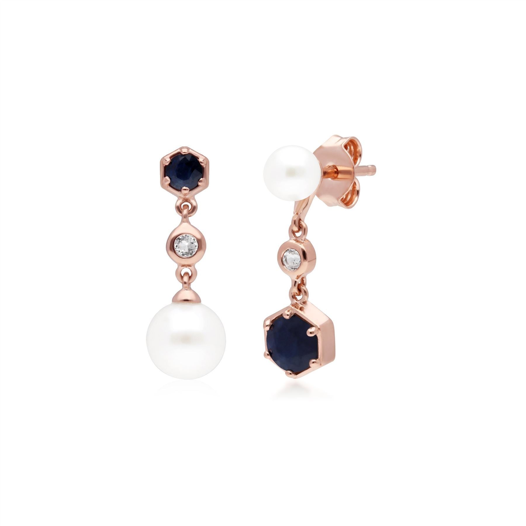 Modern Pearl, Sapphire & Topaz Mismatched Drop Earrings in Rose Gold Plated 925 Sterling Silver