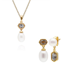 Modern Pearl & Topaz Pendant & Earring Set in Gold Plated Sterling Silver