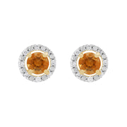 Orecchini a bottone classici con citrino in oro giallo 375 e rivestimento per l'orecchio con diamanti rotondi
