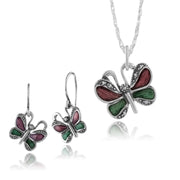 Collana e orecchini con pendente a farfalla di nuovo stile, marcasite in argento 925 e smalto