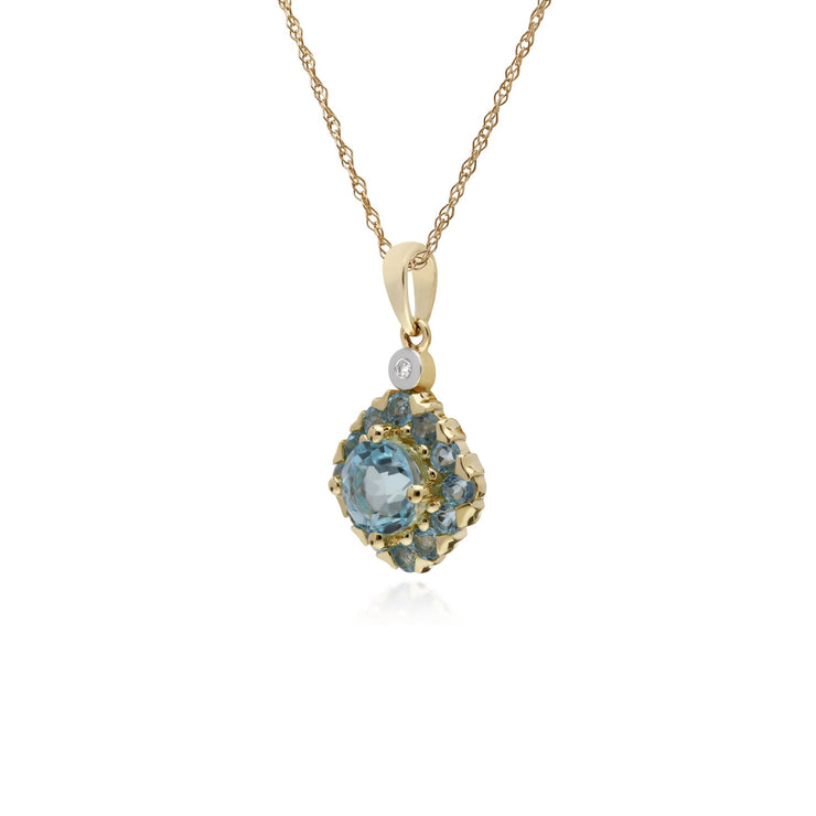 Pendente con topazio azzurro rotondo in oro giallo da 9 ct e diamanti quadrati su catena da 45 cm