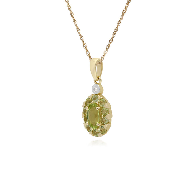 Pendente con peridoto rotondo e diamanti su montatura ovale in oro giallo da 9 ct su catena da 45 cm