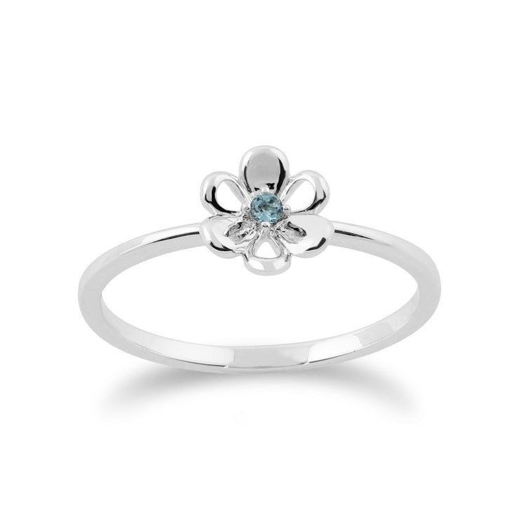 Set di tre anelli floreali impilabili in oro bianco 375 con topazio azzurro e farfalla e fiori di diamanti