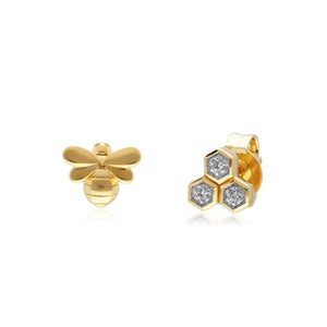 Yellow Gold Honeycomb Inspired Mismatched Diamond Bee Earrings