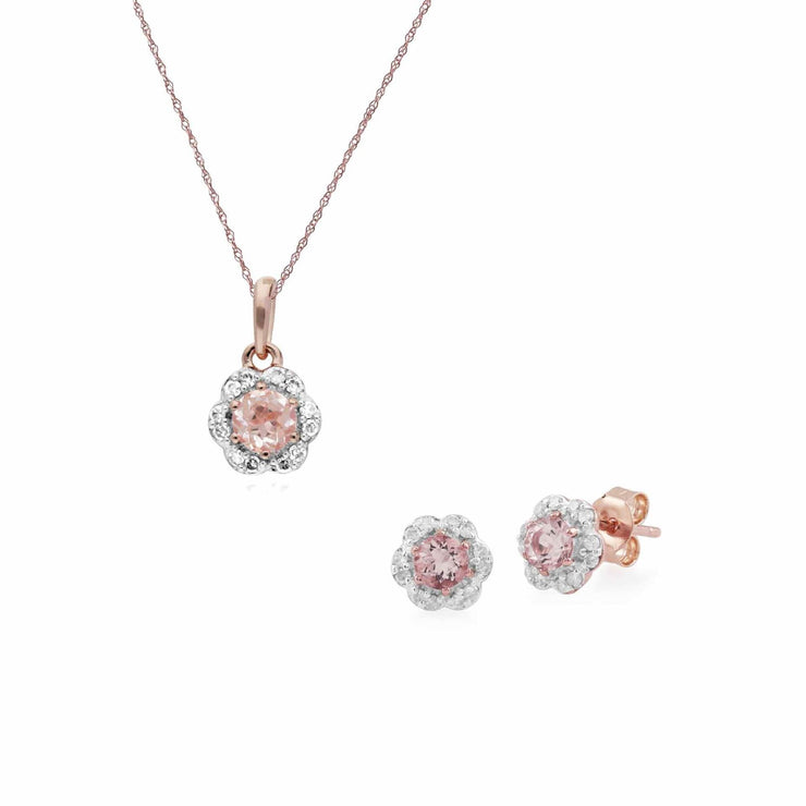 Orecchini e pendente a bottone floreale con morganite in oro rosa 375 e diamanti rotondi