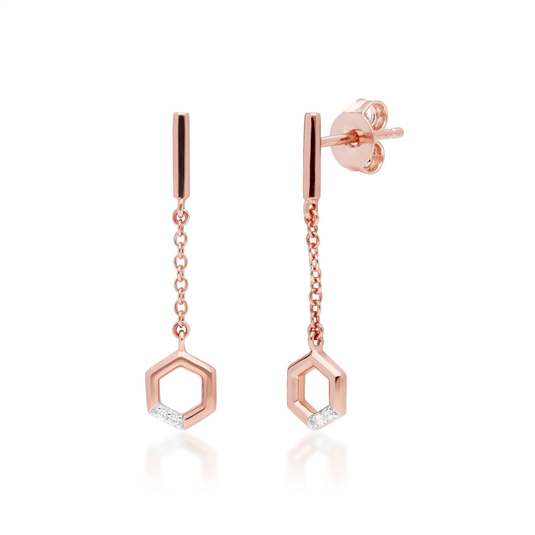 Diamond Pave Hexagon Dangle Drop Earrings in 9ct Rose Gold