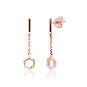 Diamond Pave Hexagon Dangle Drop Earrings in 9ct Rose Gold