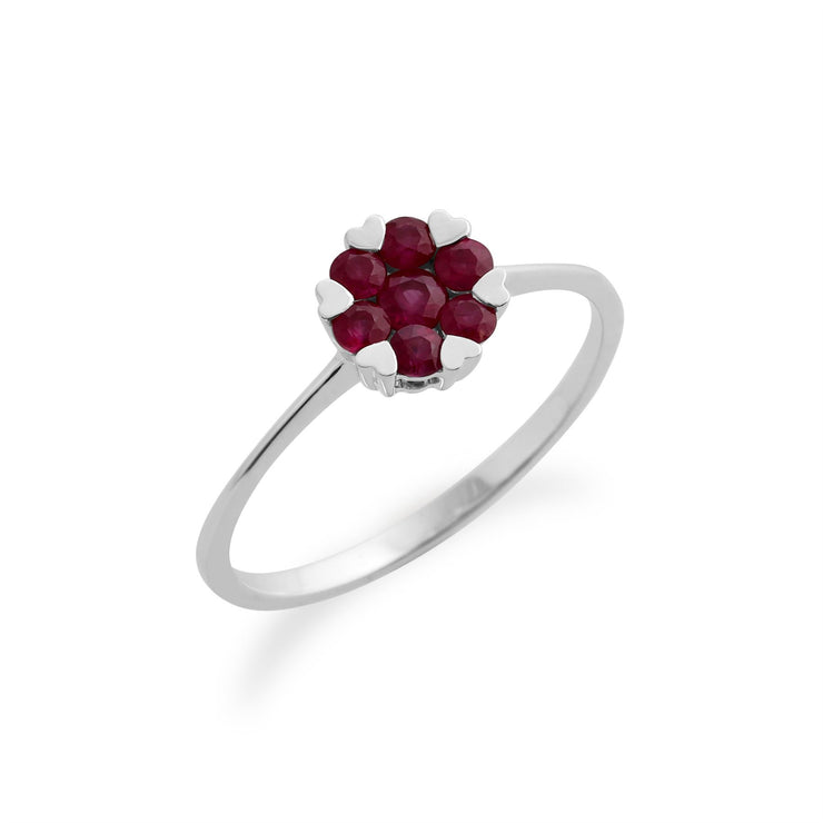 Anello con rubino Gemondo, anello a grappolo floreale in oro bianco da 9 ct con rubino da 0,39 ct