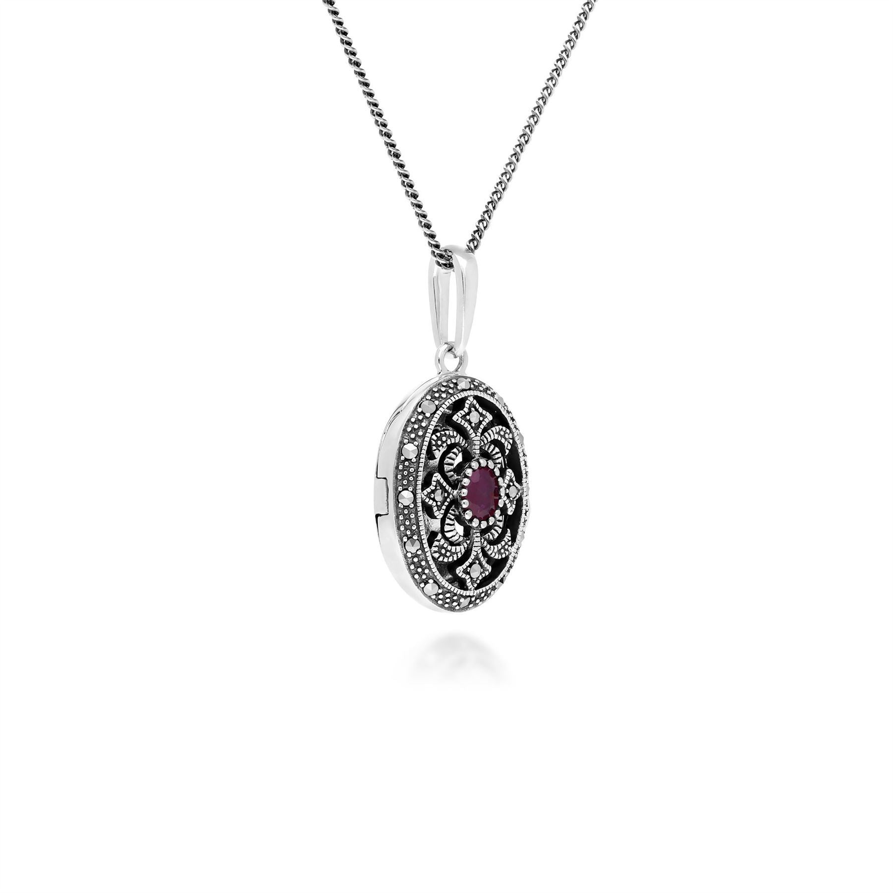 Art Nouveau Style Oval Ruby & Marcasite Locket Necklace in 925 Sterling Silver