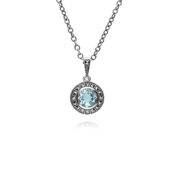 Collana da 45 cm con topazio azzurro rotondo in argento sterling e marcasite