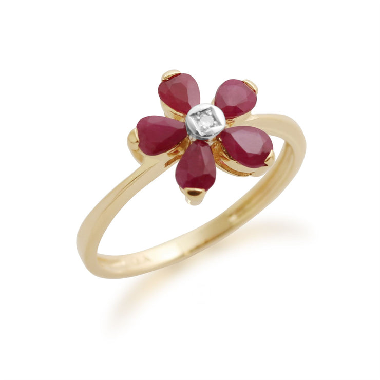 Anello floreale in oro giallo 375 con rubini e diamanti