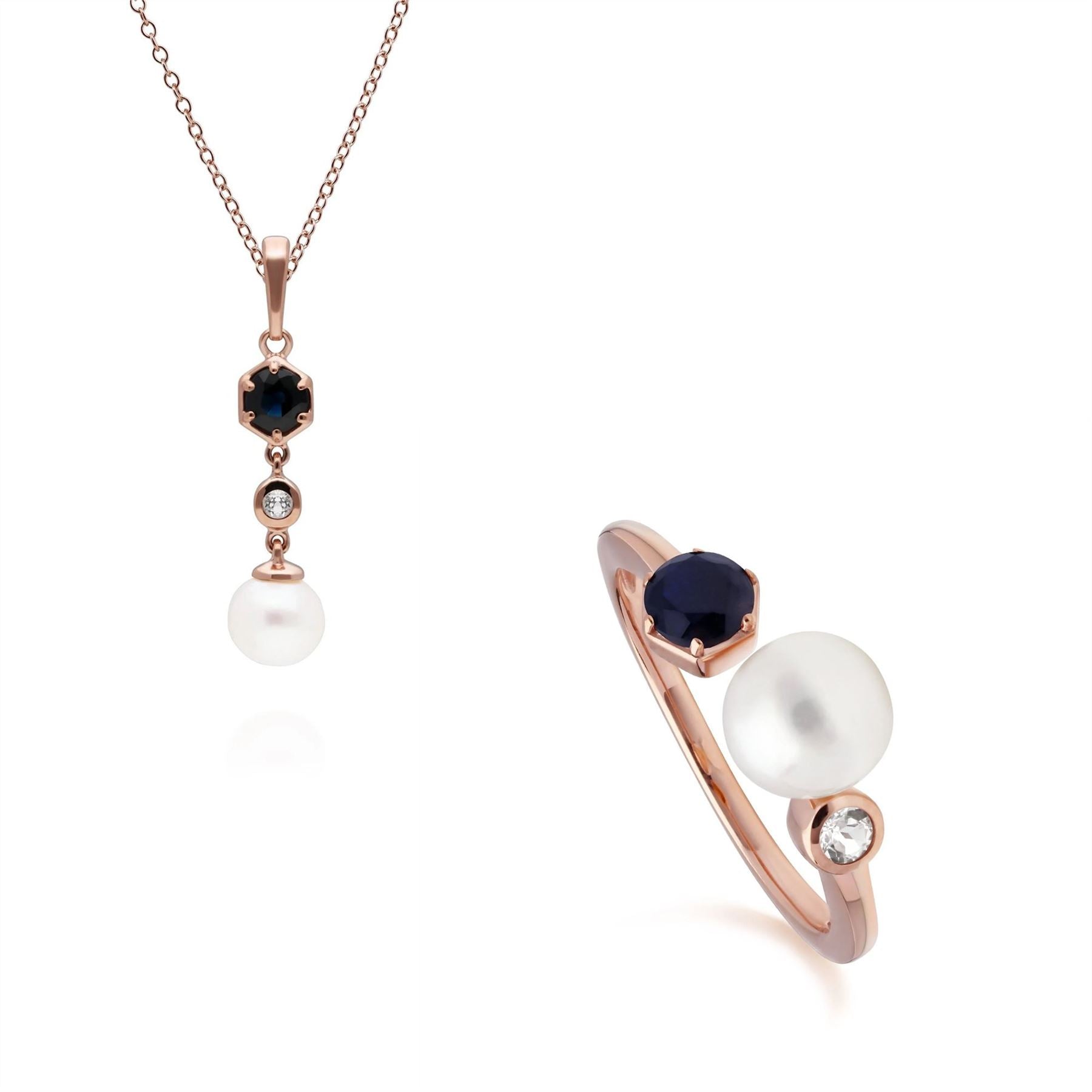 Modern Pearl, Sapphire & Topaz Ring & Pendant Rose Gold Plated Set