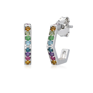 Rainbow Hexagon Hoop Earrings in Sterling Silver