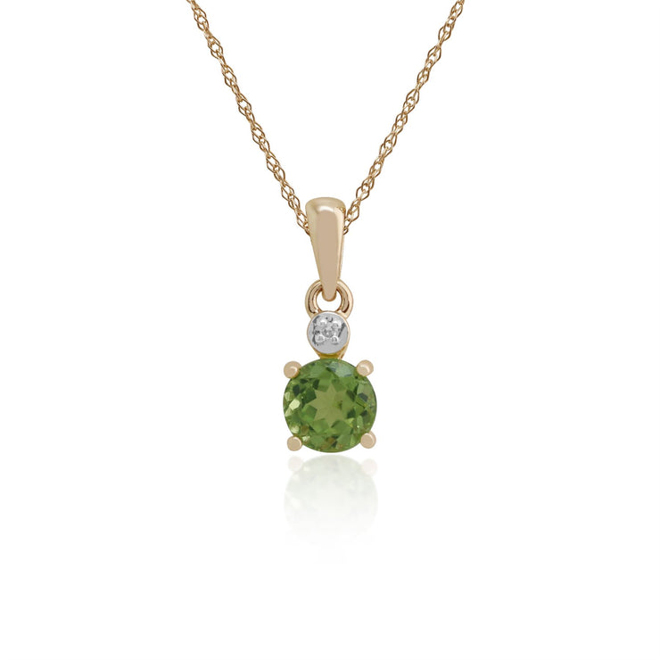 Classico pendente e orecchini a bottone con peridoto rotondo in oro giallo 375 e diamanti