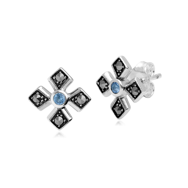 Orecchini a lobo con croce gotica in stile Art Déco in argento 925 con topazio blu e marcasite