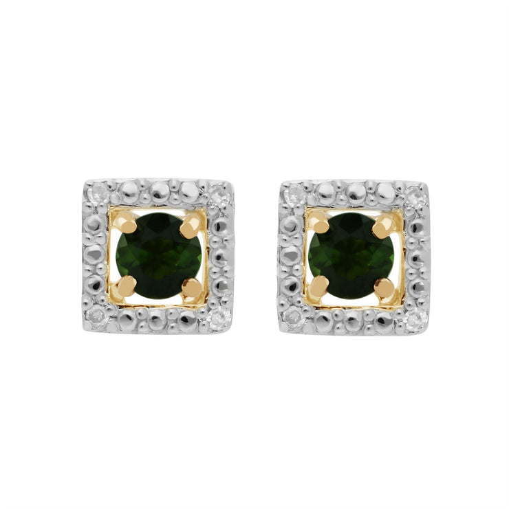 Orecchini a bottone classici con tormalina verde in oro giallo 375 e rivestimento per l'orecchio con diamanti quadrati