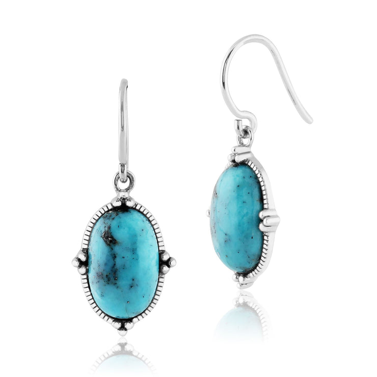 Ciondolo ovale cabochon turchese e orecchini pendenti in argento 925 stile Boho