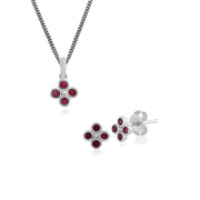 Ciondolo con rubino rotondo e trifoglio floreale in argento 925 e orecchini a bottone