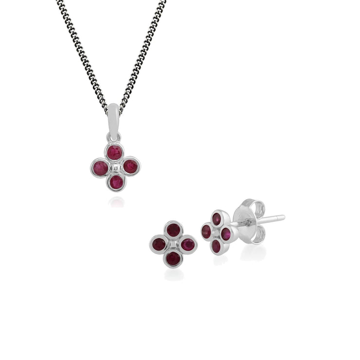 Ciondolo con rubino rotondo e trifoglio floreale in argento 925 e orecchini a bottone