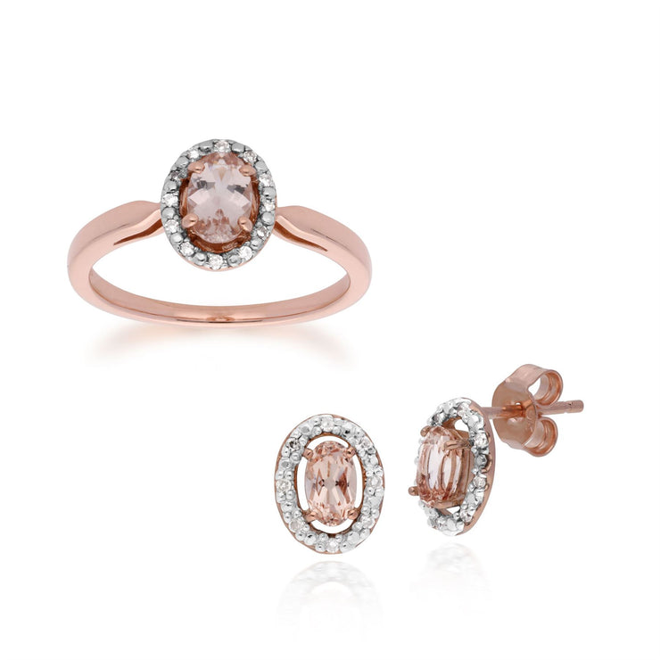 Anello Solitario e Orecchini Classici a Lobo in Oro Rosa 375 Morganite Ovale e Diamante