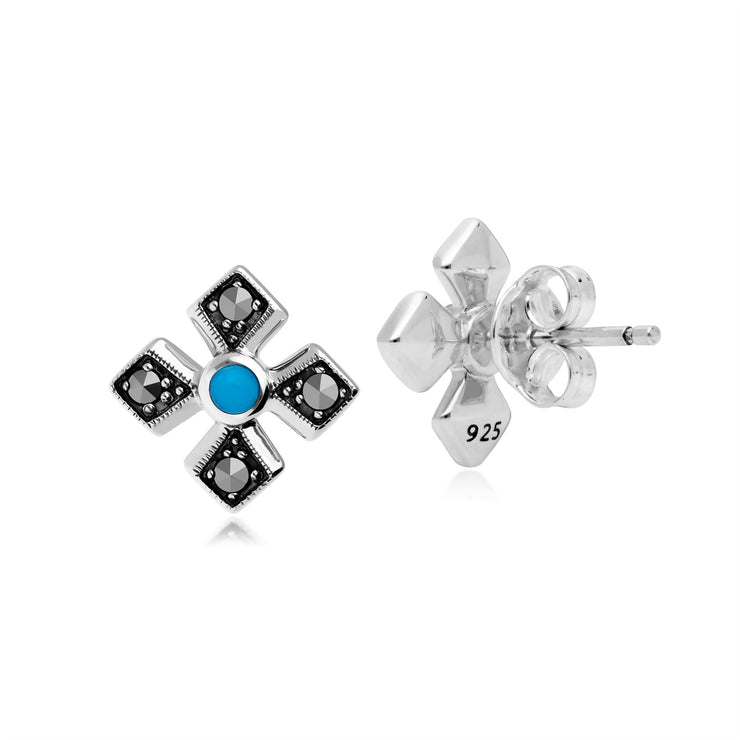 Orecchini a bottone con croce gotica in stile Art Déco in argento 925 con turchese e marcasite