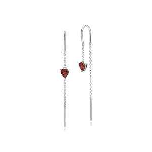 Red Garnet Gemstone Heart Pull through Chain Threader Earrings in 9ct White Gold