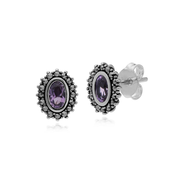 Orecchini di ametista, ametista sterling e marcasite febbraio Orecchie in stile Art Nouveau
