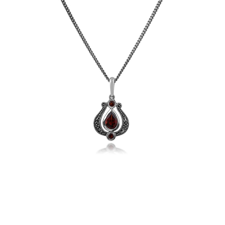 Collana Tulipano Stile Art Nouveau Argento 925 Granato Pera e Marcasite