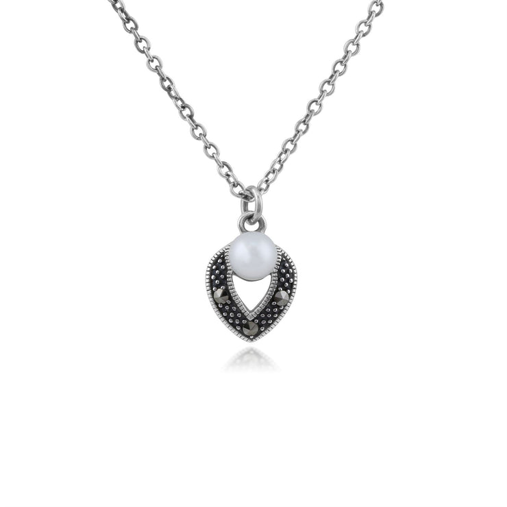 Collana e orecchini in argento 925 con perle e marcasite in stile Art Déco