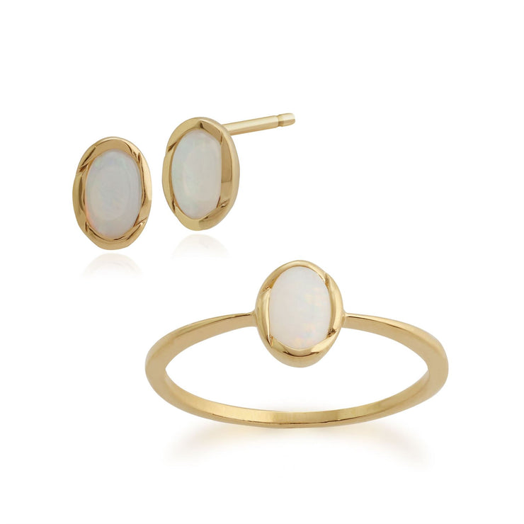 Anello Solitario e Orecchini Classici a Lobo in Oro Giallo 375 Opale Ovale