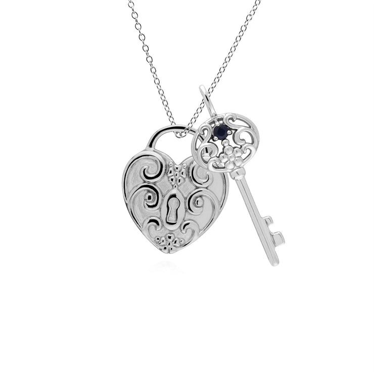Ciondolo classico con lucchetto a cuore intrecciato in argento 925 e grandi ciondoli con chiave in zaffiro